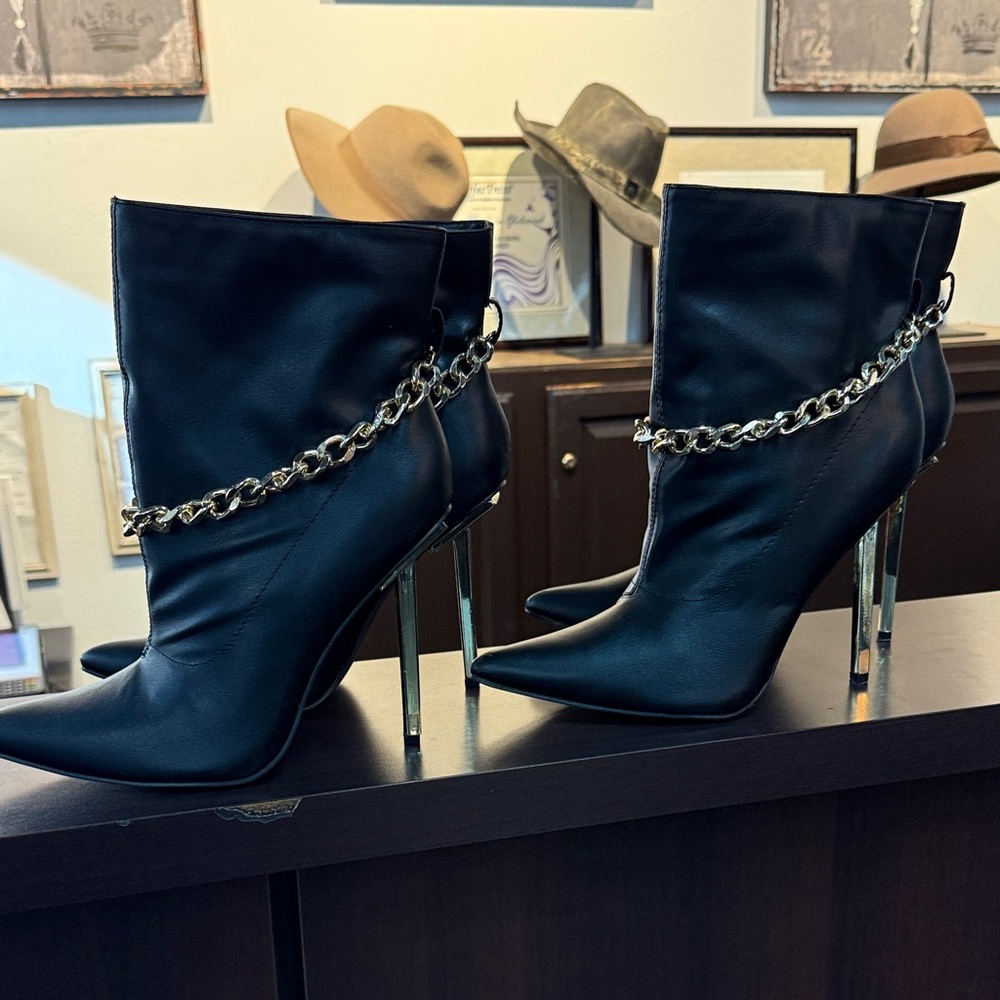 Sleek Black Chain Heeled Boots